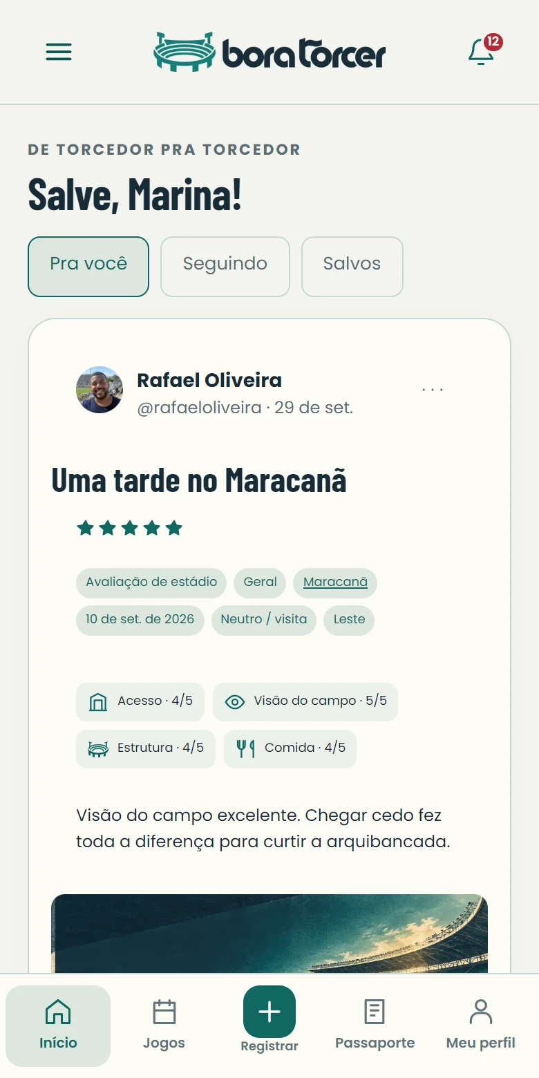 Tela do início do Bora Torcer no tema verde, com personagens fictícios.