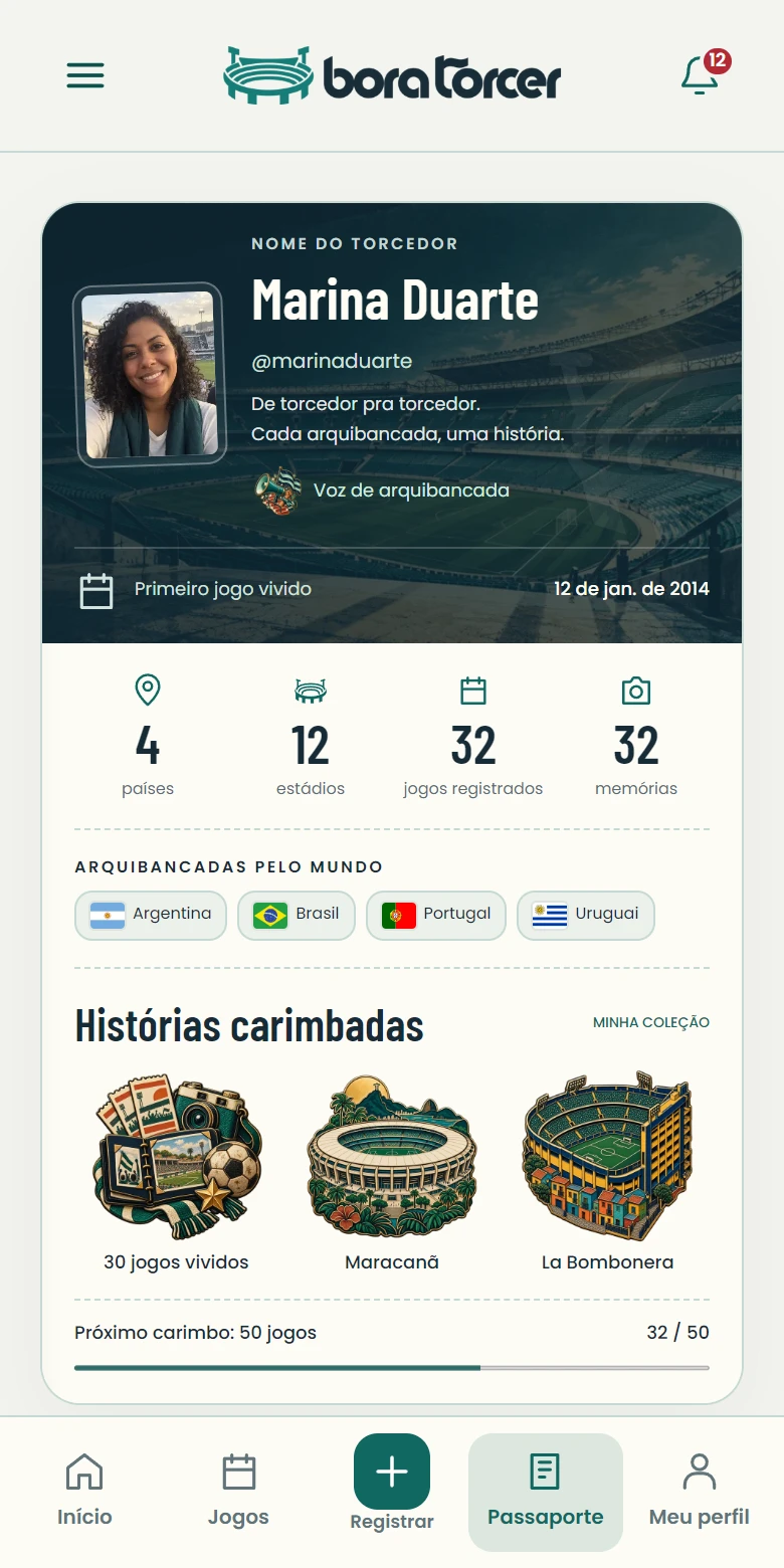 Tela do passaporte de Marina Duarte, personagem fictícia, com países, foto e carimbos ilustrados.